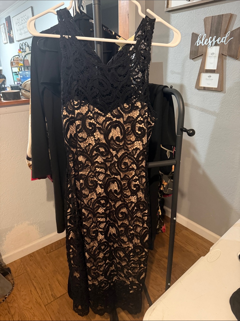 Wishful Park Black Lace Midi Dress with Nude Lining
